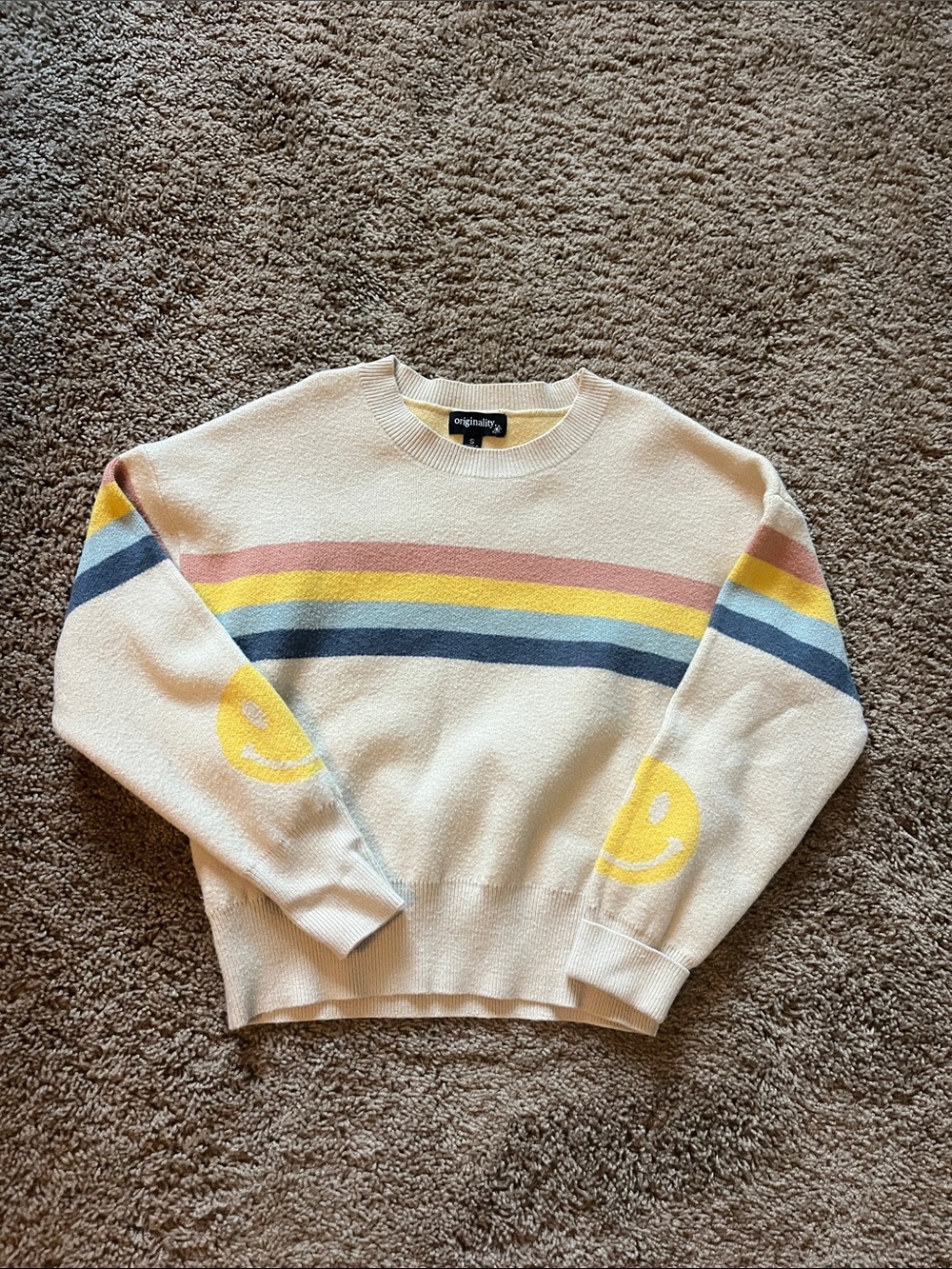 originality.smile Cream Stripe Sweater with Yellow Smile Detail